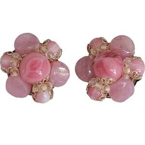 Western Germany Pink Glass And Plastic Bead Brass Cap Clip Earrings, Signed K389